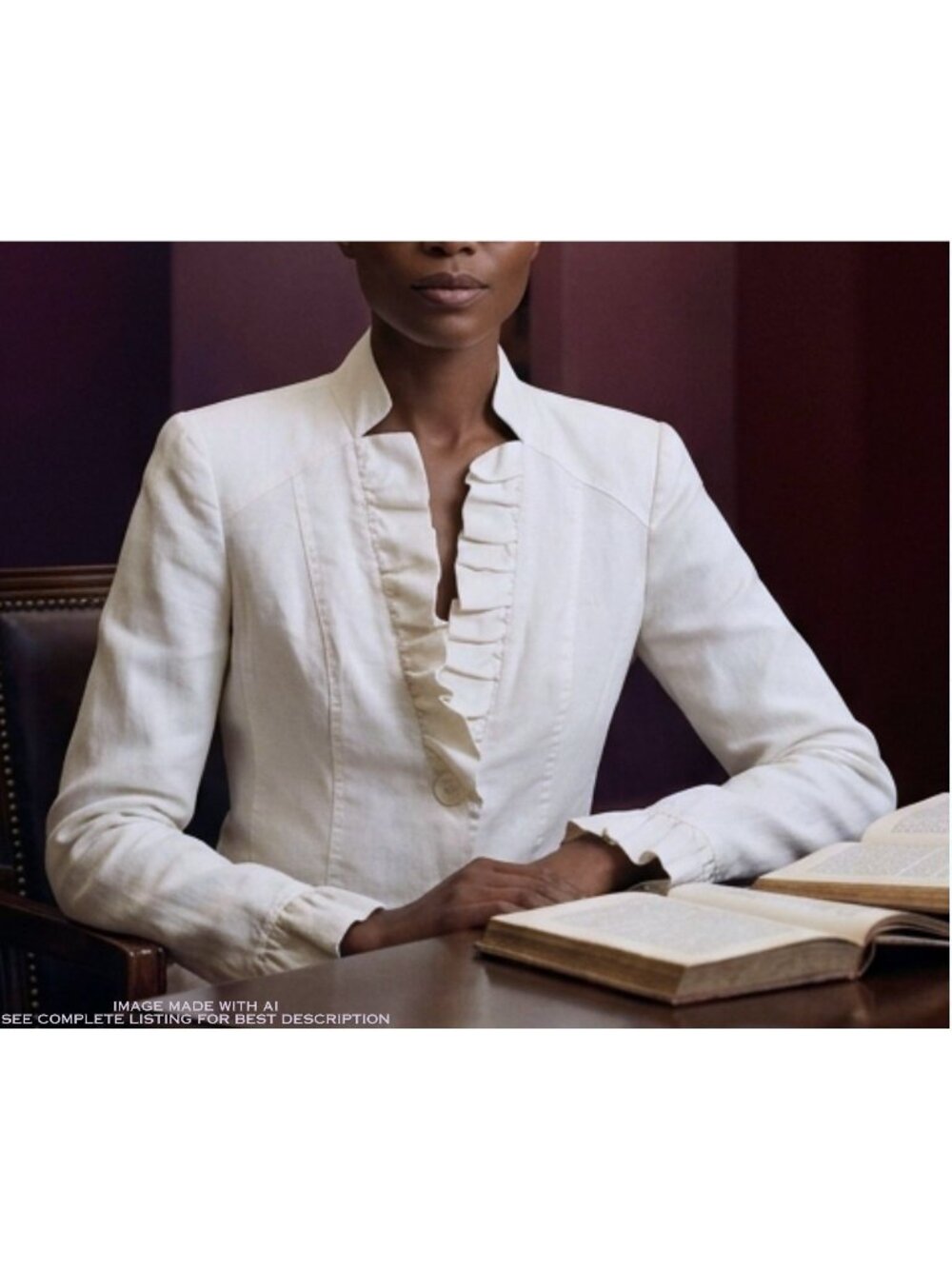 Vintage Off White Linen Ruffled Blazer S Classic Poet Siren 100% Linen